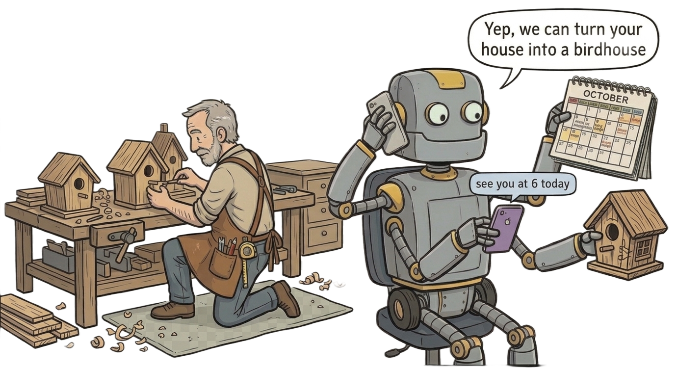 Robot assistant scheduling pickups while craftsman works on birdhouses
